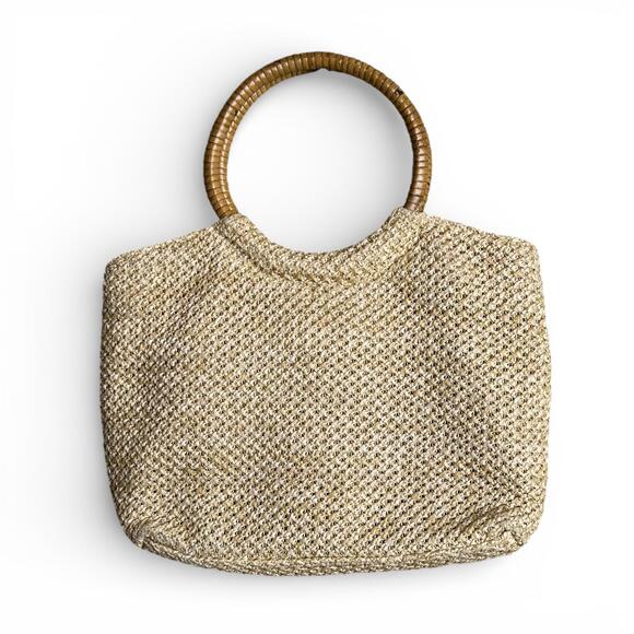 Vintage Straw Handbag with Floral Embroidery and Wooden Handles - Picture 4 of 6